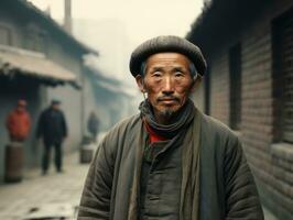 asiatique homme de le de bonne heure années 1900 coloré vieux photo ai génératif