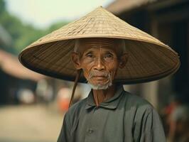 asiatique homme de le de bonne heure années 1900 coloré vieux photo ai génératif