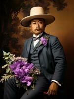 asiatique homme de le de bonne heure années 1900 coloré vieux photo ai génératif