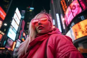 plus Taille moderne femme balancement moderne contre le vibrant néon des rues ai génératif photo