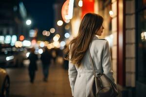 femme en marchant en toute confiance par le vibrant néon allumé des rues ai génératif photo