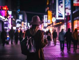 femme en marchant en toute confiance par le vibrant néon allumé des rues ai génératif photo