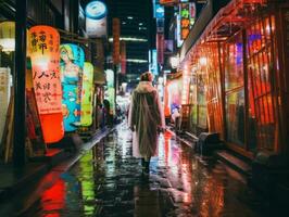 femme en marchant en toute confiance par le vibrant néon allumé des rues ai génératif photo