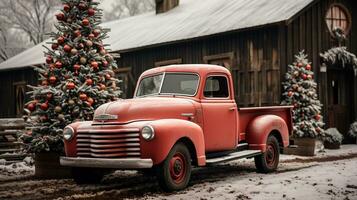 ancien ramasser un camion garé à l'extérieur de façon festive décoré Grange magasin. génératif ai. photo