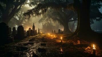 brumeux sinistre hanté cimetière sur Halloween nuit - génératif ai. photo