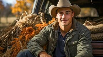 Jeune adulte Masculin agriculteur portant cow-boy chapeau permanent près le sien un camion dans le pays - génératif ai photo