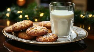 sucre biscuits et Lait sur une petit assiette attendre pour Père Noël clause une brume le décorations sur Noël veille. génératif ai photo