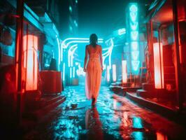 femme en marchant en toute confiance par le vibrant néon allumé des rues ai génératif photo