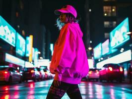 femme en marchant en toute confiance par le vibrant néon allumé des rues ai génératif photo