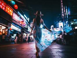 femme en marchant en toute confiance par le vibrant néon allumé des rues ai génératif photo