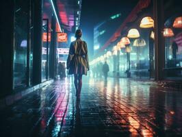 femme en marchant en toute confiance par le vibrant néon allumé des rues ai génératif photo