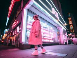 femme en marchant en toute confiance par le vibrant néon allumé des rues ai génératif photo