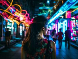 femme en marchant en toute confiance par le vibrant néon allumé des rues ai génératif photo