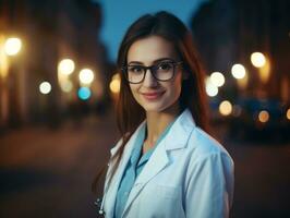 femelle médecin soigneusement examine une patient dans sa Bureau ai génératif photo