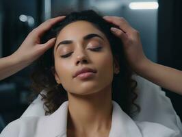 femelle médecin soigneusement examine une patient dans sa Bureau ai génératif photo