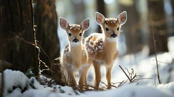 deux adorable faon cerf dans le hivernal région sauvage. génératif ai. photo