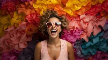 excité content et en riant Jeune adulte fille portant des lunettes de soleil dans de face de une coloré Contexte - génératif ai. photo