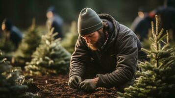 Jeune homme travail à le Noël arbre ferme plantation Nouveau des arbres pendant le vacances saison. génératif ai. photo