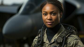 femelle africain américain combattant pilote soldat des stands à l'extérieur sa combattant jet - génératif ai. photo