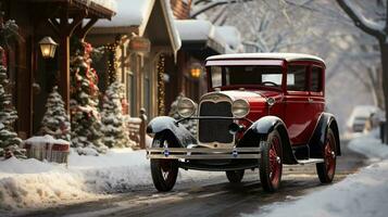 classique ancien voiture garé à l'extérieur le de façon festive Noël décoré magasins. génératif ai. photo