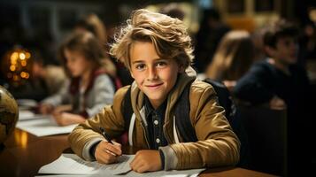 Jeune Beau souriant caucasien garçon étudiant à bureau dans école salle de cours - génératif ai. photo