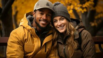 content chaleureusement habillé Jeune aimant Multi-éthnique couple prendre plaisir le magnifique tomber feuilles dans le parc - génératif ai. photo