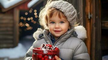 mignonne Jeune garçon habillé pour une neigeux Noël en portant une enveloppé cadeau. génératif ai. photo