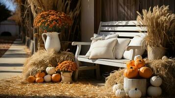 tomber et l'automne magnifiquement décoré Grange séance zone avec citrouilles, gourdes et sièges - génératif ai. photo