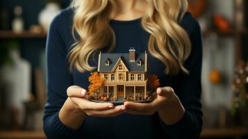 une femelle réel biens agent en portant une miniature maison dans de face de sa - génératif ai. photo