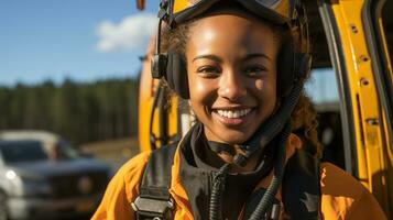 femelle africain américain chercher et porter secours hélicoptère pilote permanent près sa avion - génératif ai. photo