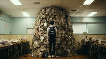 Jeune garçon étudiant permanent perplexe dans de face de une imposant pile à le plafond de quoi représente devoirs dans salle de cours - génératif ai. photo