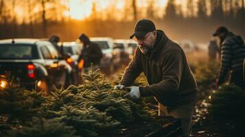 âge moyen homme travail à le Noël arbre ferme pendant le vacances saison. génératif ai. photo