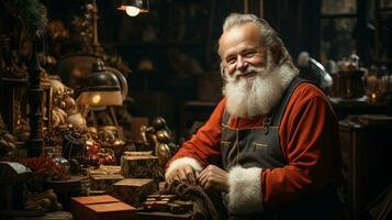 Père Noël claus travail dans le sien atelier. génératif ai. photo