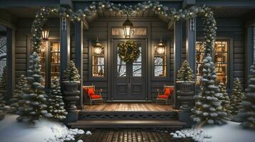 magnifique Noël décoré de face porte et porche de une maison sur une hiver soir. génératif ai. photo