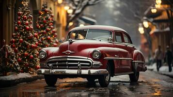 classique ancien voiture garé à l'extérieur le de façon festive Noël décoré magasins. génératif ai. photo