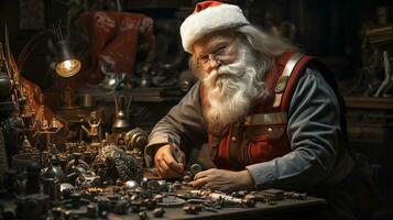 Père Noël claus travail dans le sien atelier. génératif ai. photo