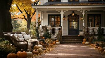 tomber et l'automne magnifiquement décoré maison porches avec citrouilles, gourdes et sièges - génératif ai. photo