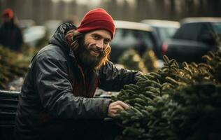 Jeune homme travail à le Noël arbre ferme pendant le vacances saison. génératif ai. photo