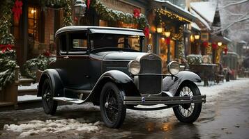 classique ancien voiture garé à l'extérieur le de façon festive Noël décoré magasins. génératif ai. photo