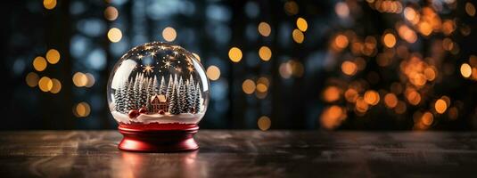 Noël neige globe avec pin des arbres et cabine sur une bois surface bannière. génératif ai. photo