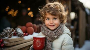 portrait de une mignonne Jeune garçon chaleureusement habillé pour une cool hiver Noël en portant une tasse de chaud cacao. génératif ai. photo