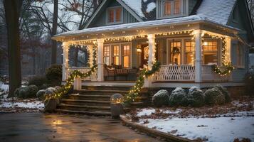 magnifique Noël décoré de face porte et porche de une maison sur une hiver soir. génératif ai. photo