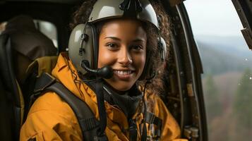 femelle africain américain chercher et porter secours hélicoptère pilote en volant dans le cockpit - génératif ai. photo