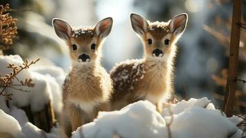 deux adorable faon cerf dans le hivernal région sauvage. génératif ai. photo