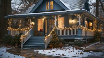 magnifique Noël décoré de face porte et porche de une maison sur une hiver soir. génératif ai. photo