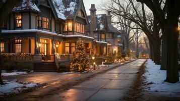 magnifique Noël décoré maison sur une hiver soir. génératif ai. photo