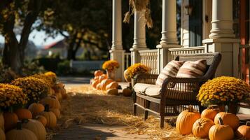 tomber et l'automne magnifiquement décoré maison porches avec citrouilles, gourdes et sièges - génératif ai. photo