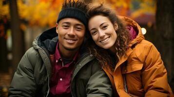 content chaleureusement habillé Jeune aimant Multi-éthnique couple prendre plaisir le magnifique tomber feuilles dans le parc - génératif ai. photo