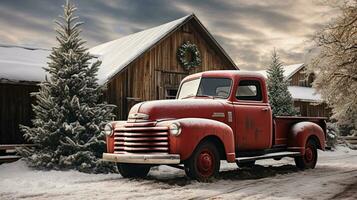 ancien ramasser un camion porter une Noël arbre garé à l'extérieur de façon festive décoré Grange magasin. génératif ai. photo