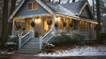 magnifique Noël décoré de face porte et porche de une maison sur une hiver soir. génératif ai. photo